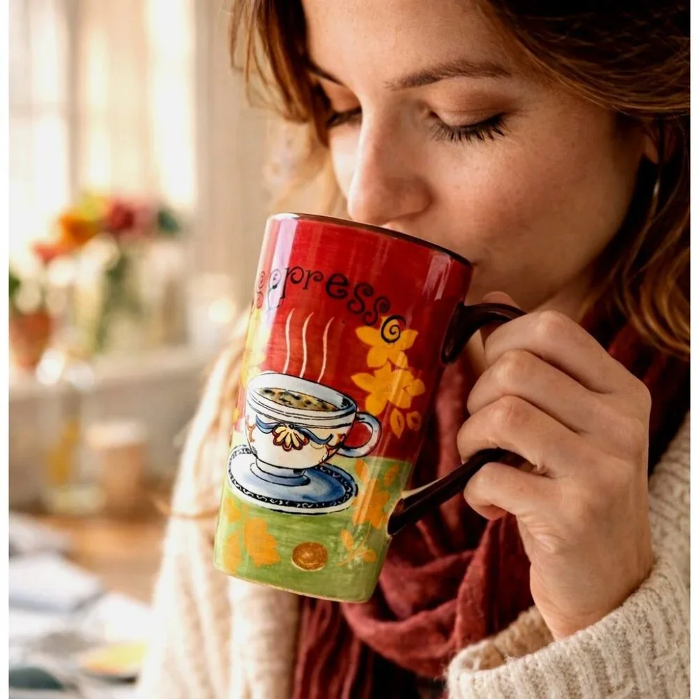 Espresso Hand Painted Floral Cafe Art Tumbler Mug Warm Cottage Kitchen Decor Red - Picture 9 of 10